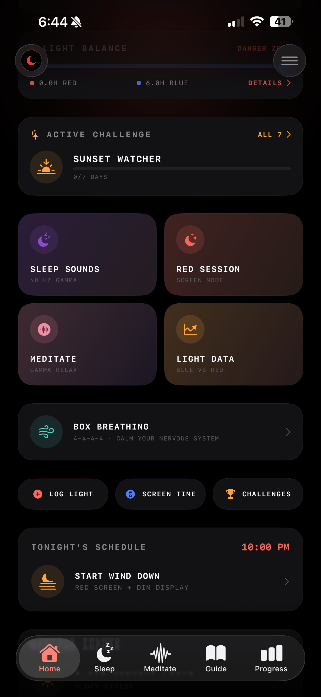 RedSleep feature grid with sleep sounds, meditate, and more