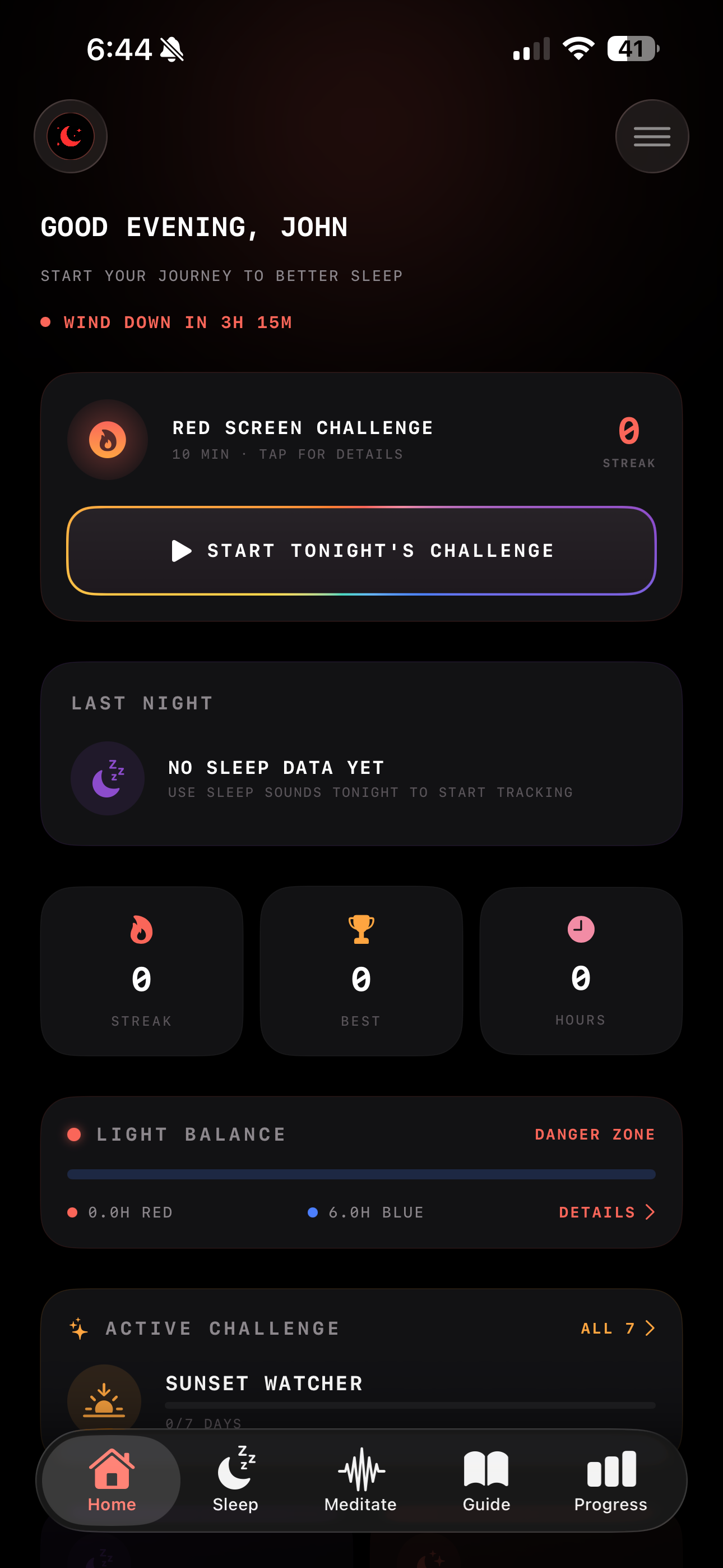 RedSleep app showing sleep tracking dashboard